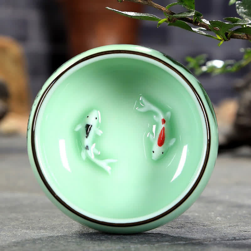 Buddha Stones Traditional Koi Fish Lotus Landscape Ceramic Personal Tea Cup - image 16