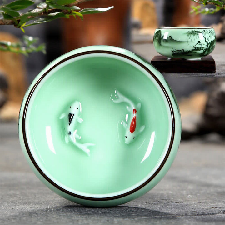 Buddha Stones Traditional Koi Fish Lotus Landscape Ceramic Personal Tea Cup - image 0