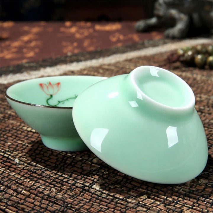Buddha Stones Hand-Painted Celadon Ceramic Lotus Koi Douli Tea Cup - image 2