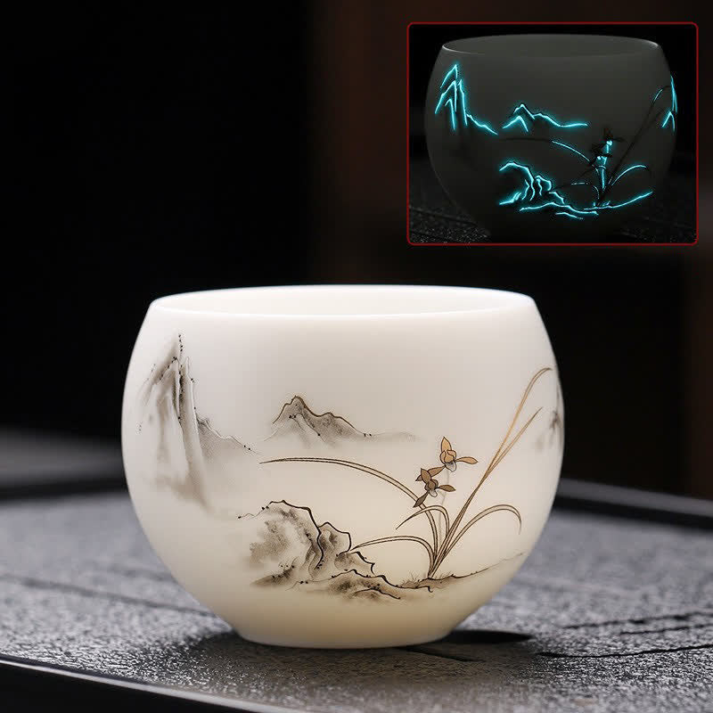 Buddha Stones Night Glow Landscape Koi Fish Ceramic Gongfu Tea Cup - Plants - image 3