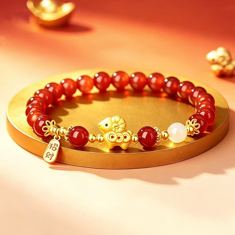 Buddha Stones Year of the Goat 925 Sterling Silver Red Agate Sheep Copper Coins Charm Good Fortune Bracelet - image 1