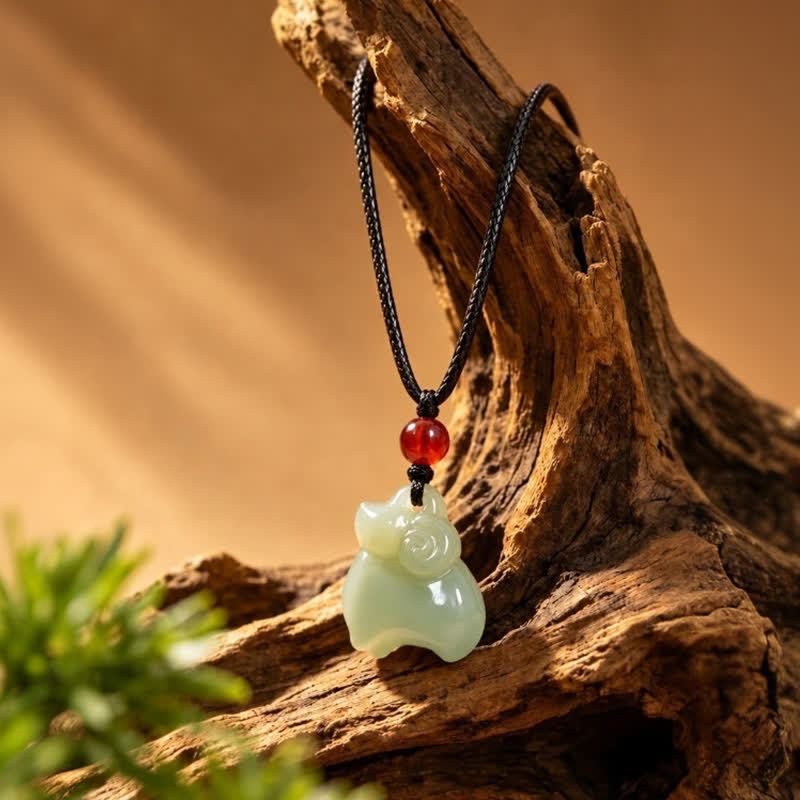 Buddha Stones Year of the Goat Hetian Jade 12 Chinese Zodiac Luck Carved Braided Cord Necklace - image 1