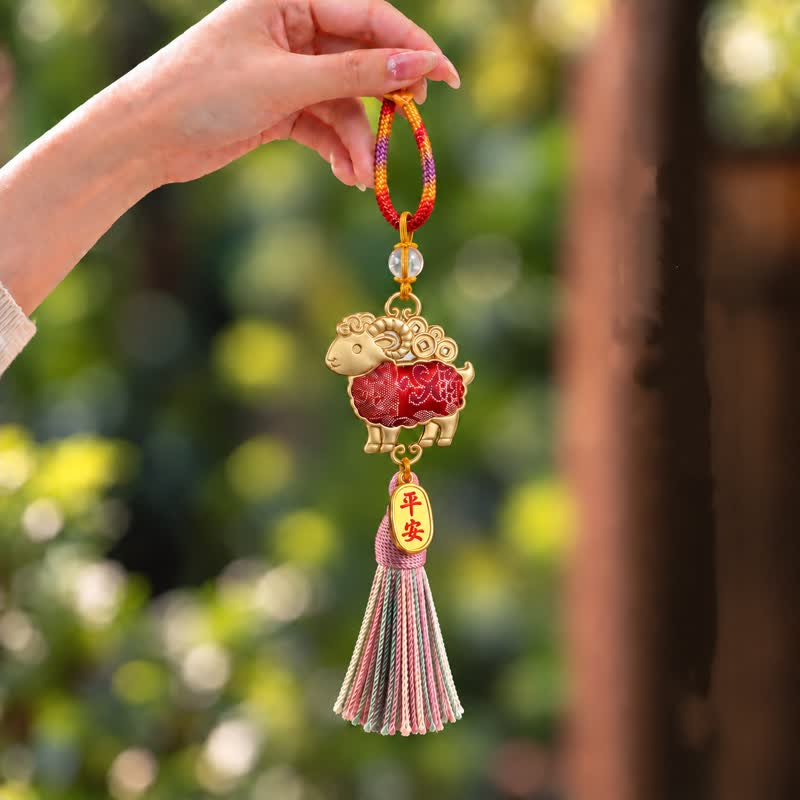 Buddha Stones Year of the Goat Song Brocade Chinese Zodiac Lucky Tassel Braided Keychains - Goat - image 0