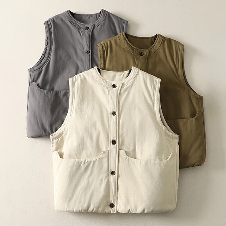 Buddha Stones Fall Winter Casual Button-Up Solid Tank Top Women's Vest With Pockets - image 0