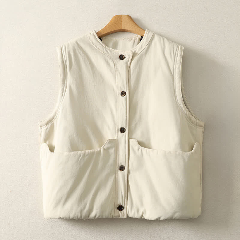 Buddha Stones Fall Winter Casual Button-Up Solid Tank Top Women's Vest With Pockets - Beige - US8-10，UK/AU12-14，EU40-42 (XL) - image 1