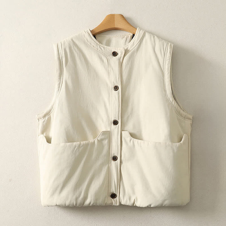 Buddha Stones Fall Winter Casual Button-Up Solid Tank Top Women's Vest With Pockets - Beige - US8-10，UK/AU12-14，EU40-42 (XL) - image 1
