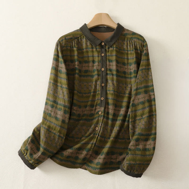 Buddha Stones Fall Casual Retro Button-Up Plaid Women's Long Sleeve Shirts - DarkOliveGreen - US4-16, UK/AU8-20, EU36-48 (F) - image 4