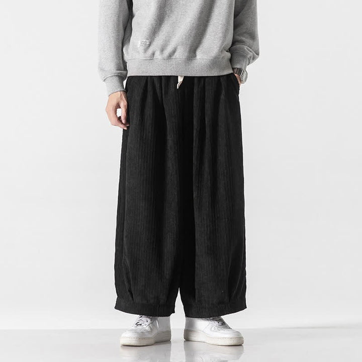 Buddha Stones Spring Fall Casual Minimalist Drawstring Solid Cropped Pants Corduroy Men's Wide Leg Pants With Pockets - Black - US/UK/AU46, EU56 (5XL) - image 16