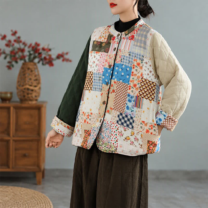 Buddha Stones Fall Winter Vintage Casual Button-Up Floral Patchwork Reversible Design Women's Jacket With Pockets - image 2