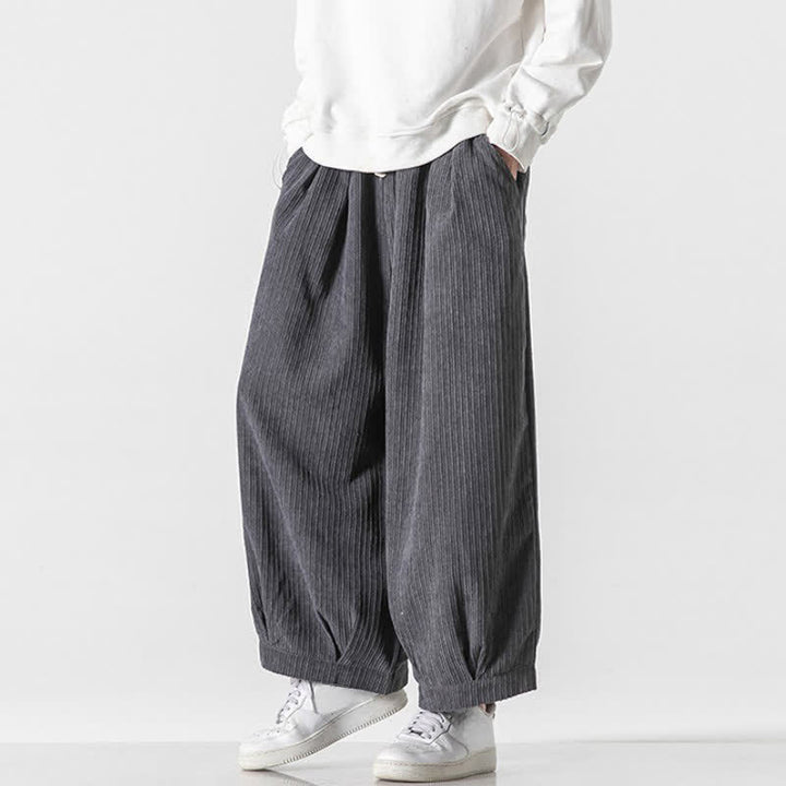 Buddha Stones Spring Fall Casual Minimalist Drawstring Solid Cropped Pants Corduroy Men's Wide Leg Pants With Pockets - image 6