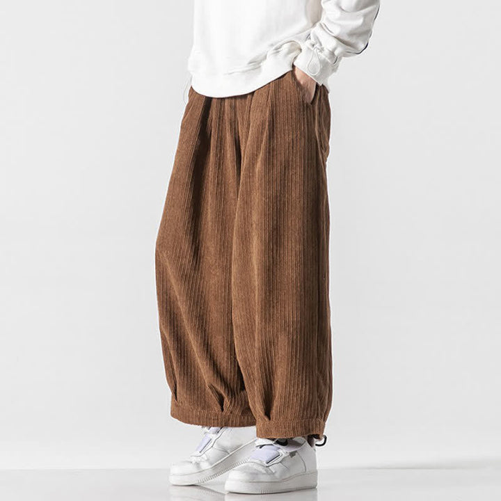Buddha Stones Spring Fall Casual Minimalist Drawstring Solid Cropped Pants Corduroy Men's Wide Leg Pants With Pockets - image 14