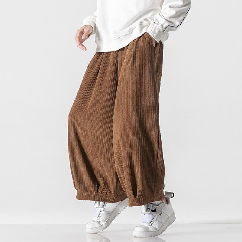 Buddha Stones Spring Fall Casual Minimalist Drawstring Solid Cropped Pants Corduroy Men's Wide Leg Pants With Pockets - image 15