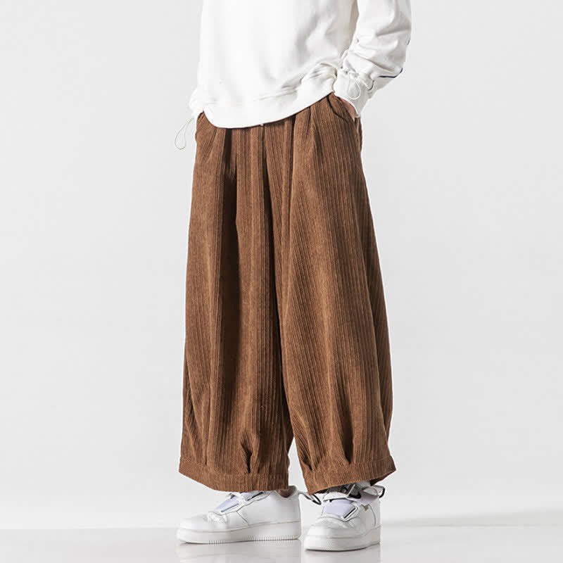 Buddha Stones Spring Fall Casual Minimalist Drawstring Solid Cropped Pants Corduroy Men's Wide Leg Pants With Pockets - image 10