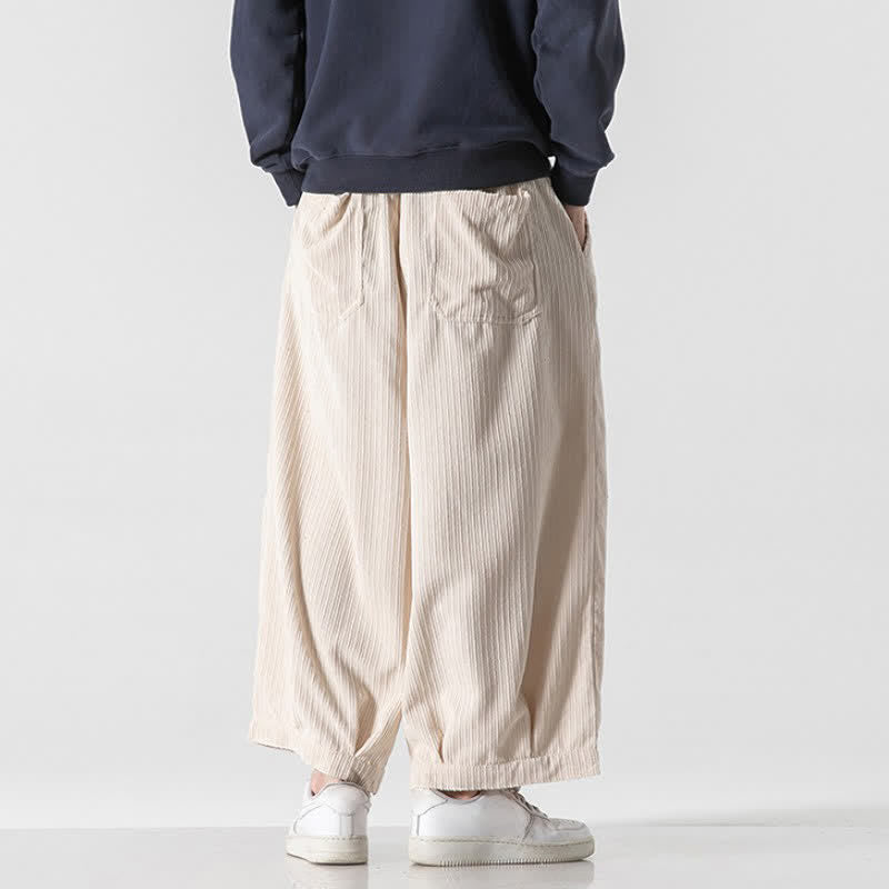 Buddha Stones Spring Fall Casual Minimalist Drawstring Solid Cropped Pants Corduroy Men's Wide Leg Pants With Pockets - image 42