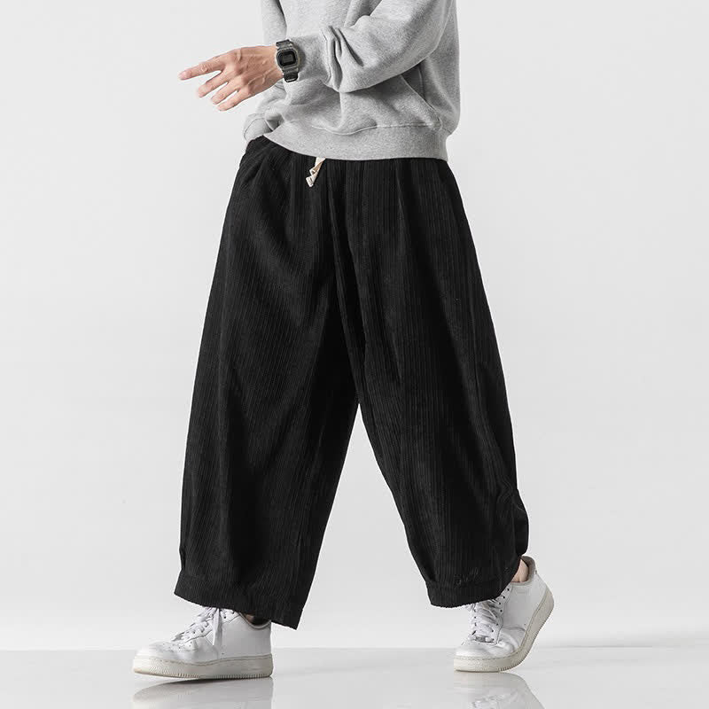 Buddha Stones Spring Fall Casual Minimalist Drawstring Solid Cropped Pants Corduroy Men's Wide Leg Pants With Pockets - image 19