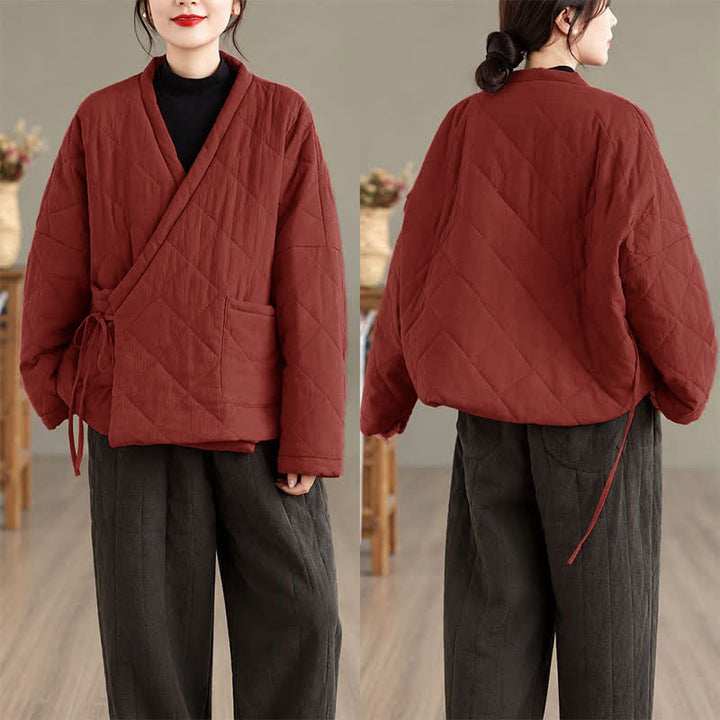 Buddha Stones Fall Winter Casual Minimalist Quilted Design Drawstring Solid Cropped Women's Kimono With Pockets - image 3