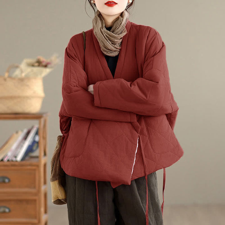 Buddha Stones Fall Winter Casual Minimalist Quilted Design Drawstring Solid Cropped Women's Kimono With Pockets - image 1