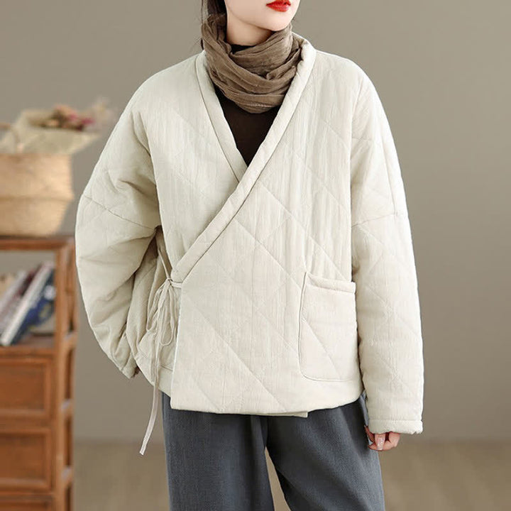 Buddha Stones Fall Winter Casual Minimalist Quilted Design Drawstring Solid Cropped Women's Kimono With Pockets - Beige - US14, UK/AU18, EU46 (2XL) - image 15