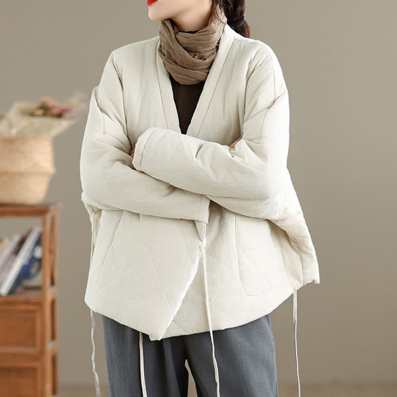 Buddha Stones Fall Winter Casual Minimalist Quilted Design Drawstring Solid Cropped Women's Kimono With Pockets - image 20