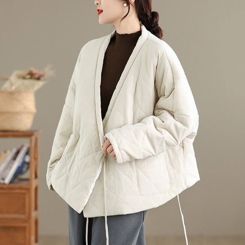Buddha Stones Fall Winter Casual Minimalist Quilted Design Drawstring Solid Cropped Women's Kimono With Pockets - image 17