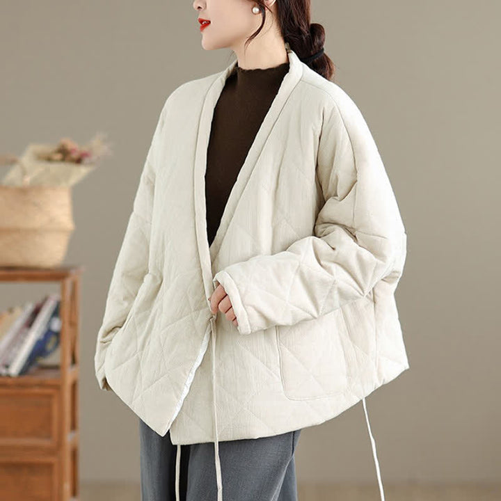 Buddha Stones Fall Winter Casual Minimalist Quilted Design Drawstring Solid Cropped Women's Kimono With Pockets - image 17