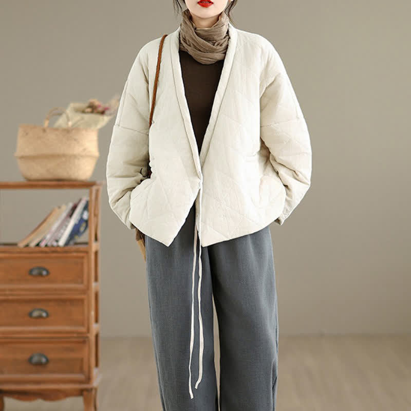 Buddha Stones Fall Winter Casual Minimalist Quilted Design Drawstring Solid Cropped Women's Kimono With Pockets - image 21