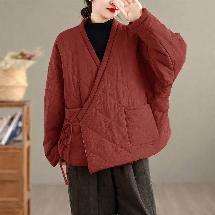 Buddha Stones Fall Winter Casual Minimalist Quilted Design Drawstring Solid Cropped Women's Kimono With Pockets - IndianRed - US14, UK/AU18, EU46 (2XL) - image 0