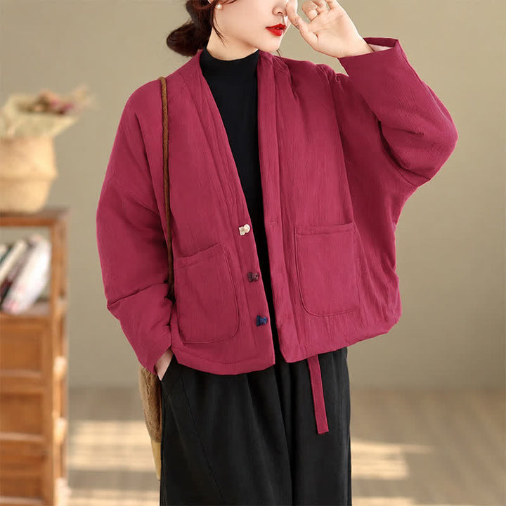 Buddha Stones Fall Winter Casual Tang Style Frog Button Solid Cropped Women's Kimono With Pockets - IndianRed - US14, UK/AU18, EU46 (2XL) - image 12