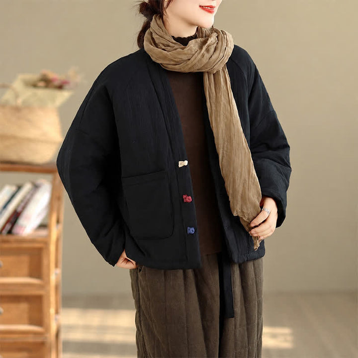Buddha Stones Fall Winter Casual Tang Style Frog Button Solid Cropped Women's Kimono With Pockets - Black - US14, UK/AU18, EU46 (2XL) - image 18