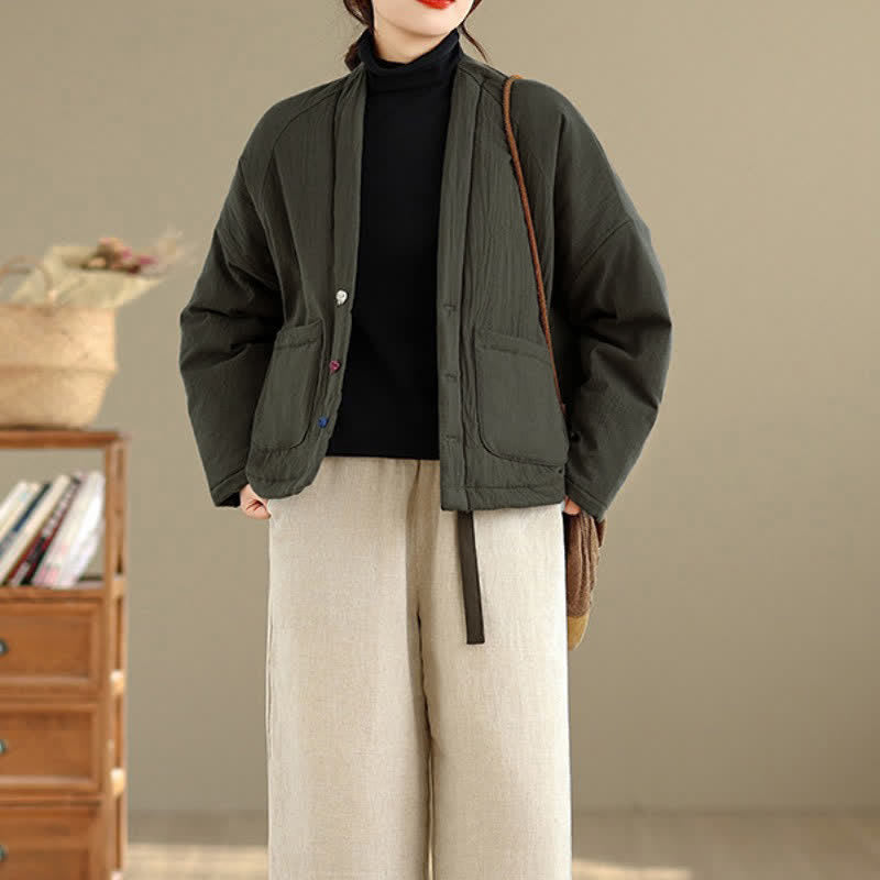 Buddha Stones Fall Winter Casual Tang Style Frog Button Solid Cropped Women's Kimono With Pockets - image 5