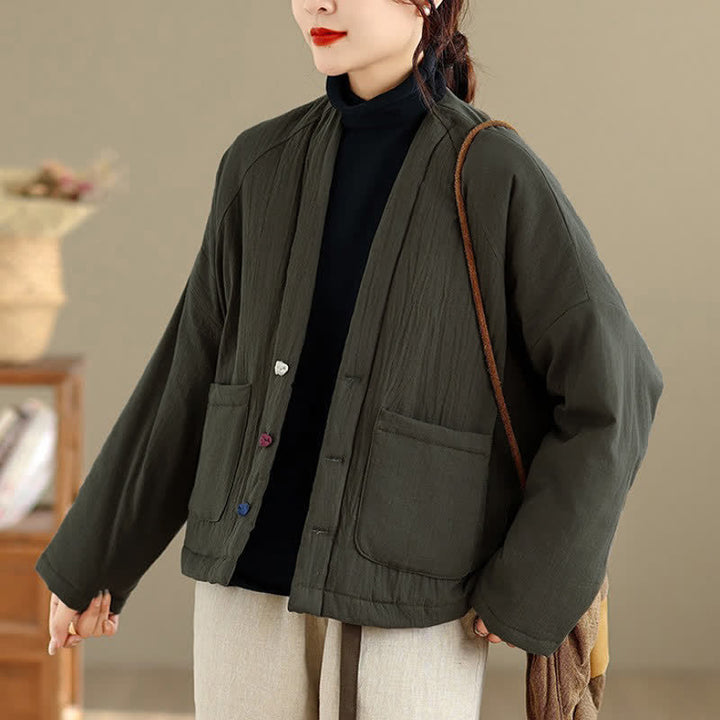 Buddha Stones Fall Winter Casual Tang Style Frog Button Solid Cropped Women's Kimono With Pockets - image 2