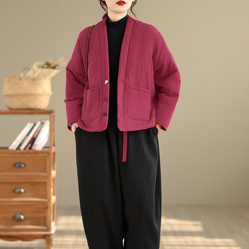 Buddha Stones Fall Winter Casual Tang Style Frog Button Solid Cropped Women's Kimono With Pockets - image 17