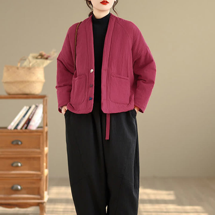 Buddha Stones Fall Winter Casual Tang Style Frog Button Solid Cropped Women's Kimono With Pockets - image 17