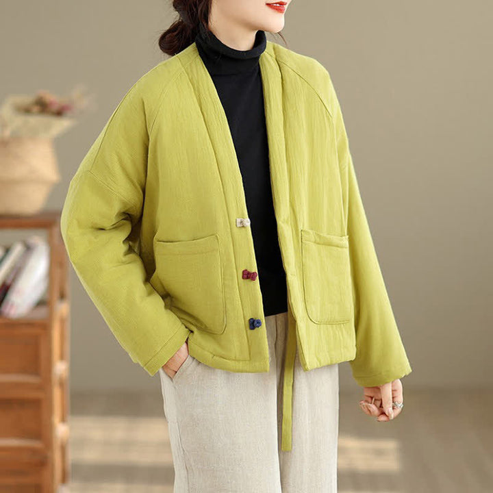Buddha Stones Fall Winter Casual Tang Style Frog Button Solid Cropped Women's Kimono With Pockets - image 25