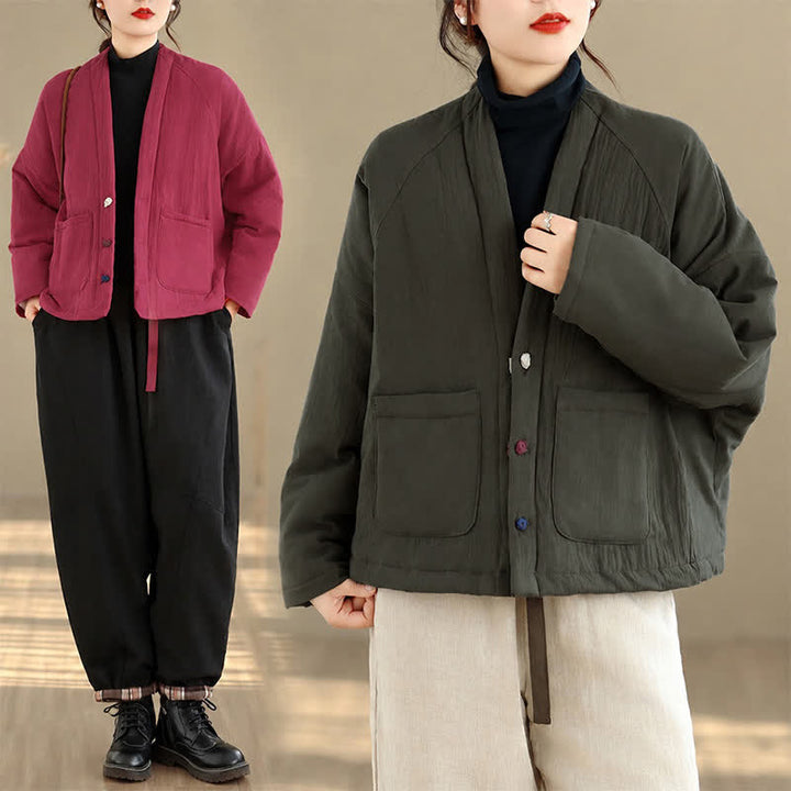 Buddha Stones Fall Winter Casual Tang Style Frog Button Solid Cropped Women's Kimono With Pockets - image 11