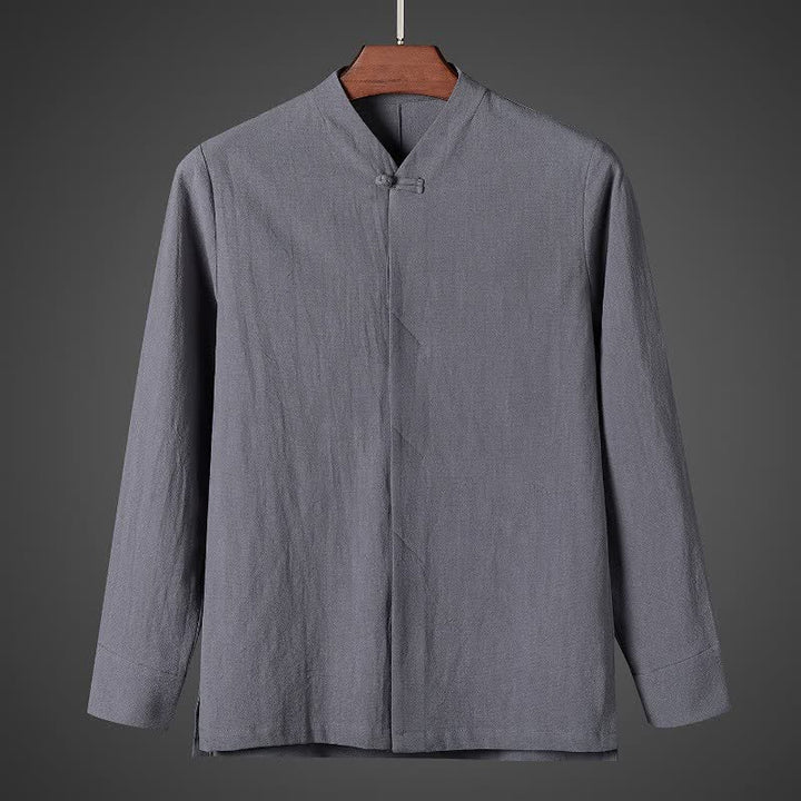 Buddha Stones Fall Simple Tang Style Pankou Solid Men's Long Sleeve Shirts - Gray - US/UK/AU44, EU54 (5XL) - image 8