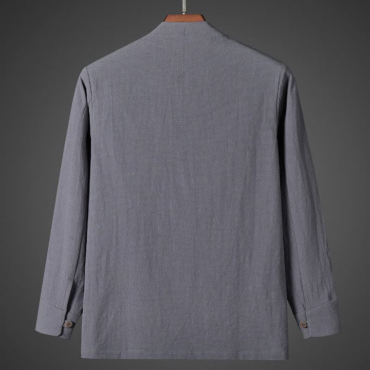 Buddha Stones Fall Simple Tang Style Pankou Solid Men's Long Sleeve Shirts - image 9