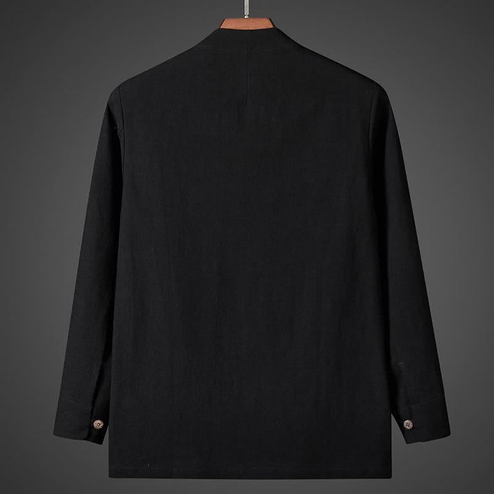 Buddha Stones Fall Simple Tang Style Pankou Solid Men's Long Sleeve Shirts - image 7