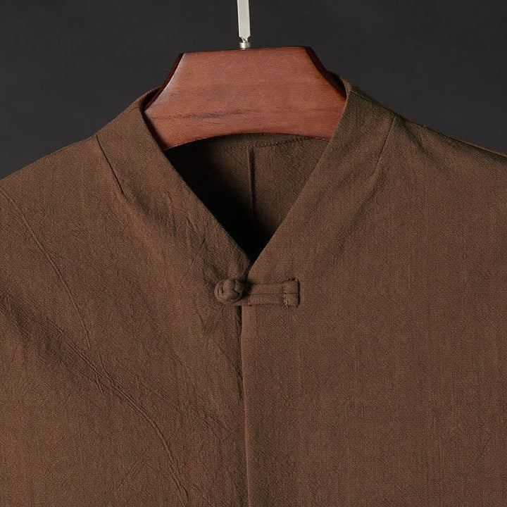 Buddha Stones Fall Simple Tang Style Pankou Solid Men's Long Sleeve Shirts - image 2