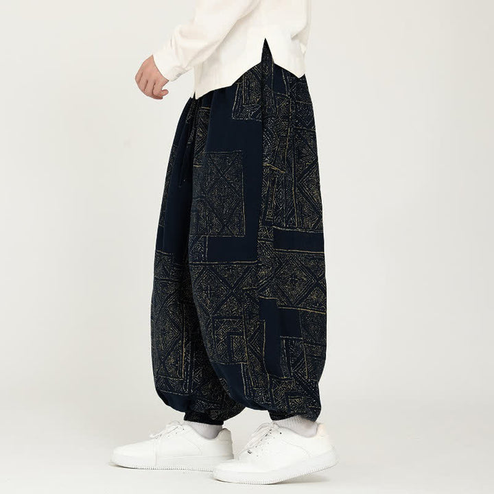 Buddha Stones Spring Fall Vintage Casual Drawstring Geometric Cropped Pants Men's Harem Pants With Pockets - image 2
