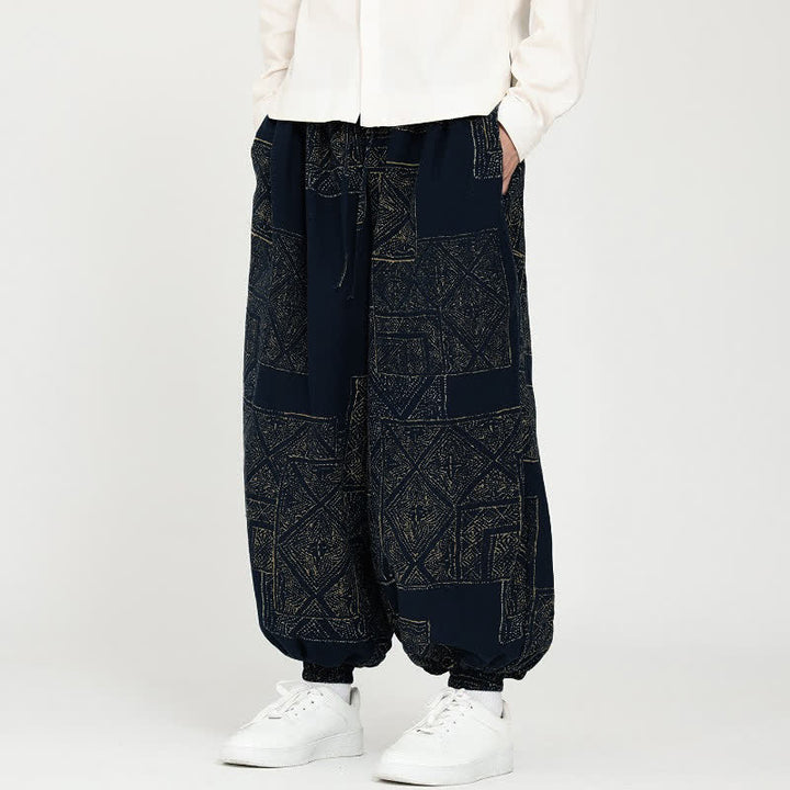 Buddha Stones Spring Fall Vintage Casual Drawstring Geometric Cropped Pants Men's Harem Pants With Pockets - image 1