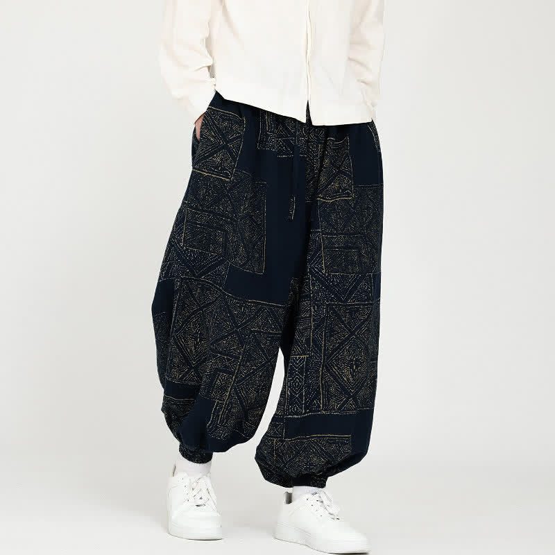 Buddha Stones Spring Fall Vintage Casual Drawstring Geometric Cropped Pants Men's Harem Pants With Pockets - image 3
