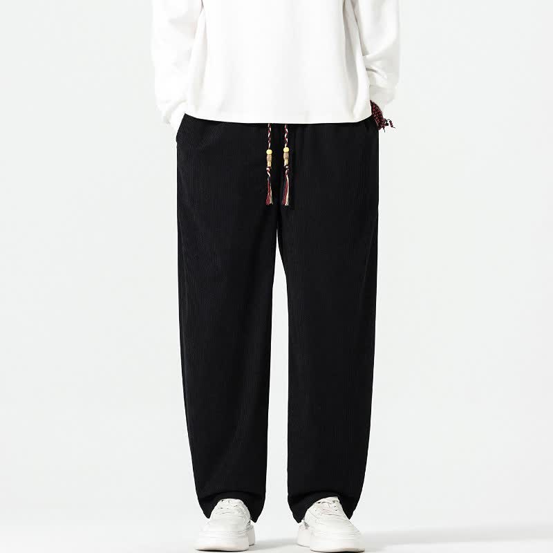 Buddha Stones Fall Winter Casual Boho Drawstring Solid Ankle Pants Corduroy Men's Straight Leg Pants With Pockets - Black - US/UK/AU48, EU58 (5XL) - image 11