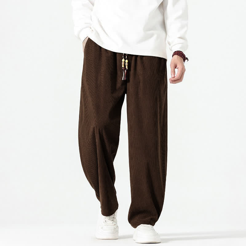 Buddha Stones Fall Winter Casual Boho Drawstring Solid Ankle Pants Corduroy Men's Straight Leg Pants With Pockets - image 5
