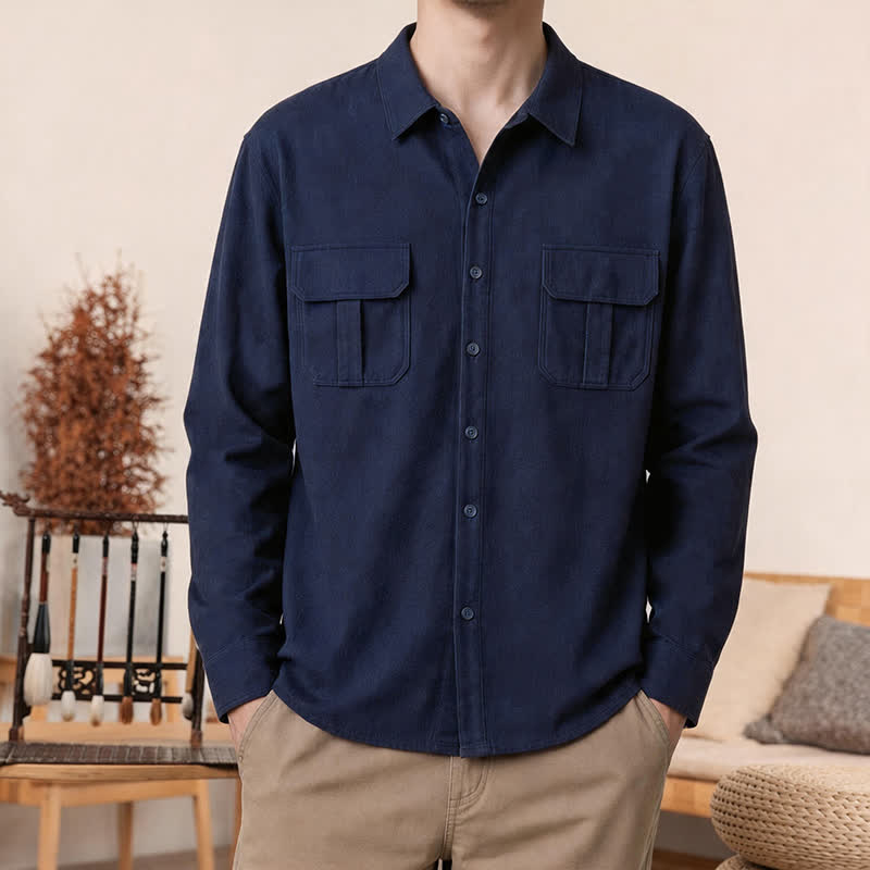 Buddha Stones Spring Casual Simple Solid Corduroy Men's Long Sleeve Shirts With Patch Pockets - MidnightBlue - US/UK/AU42, EU52 (3XL) - image 17