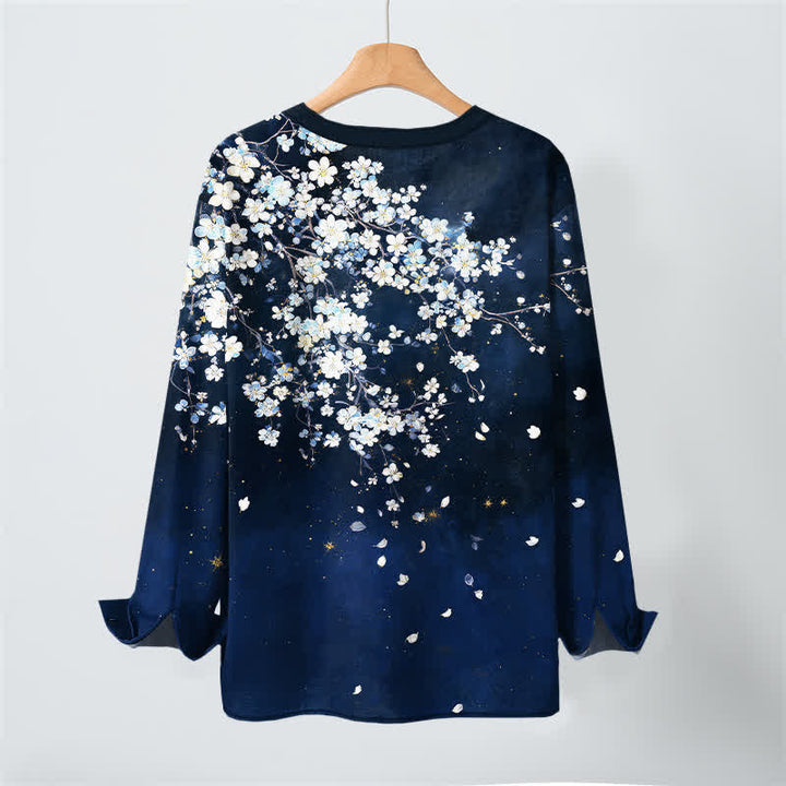 Buddha Stones Cotton Falling Petal Floral Pattern V-Neck Buttons Men's Long Sleeve Shirts - image 3