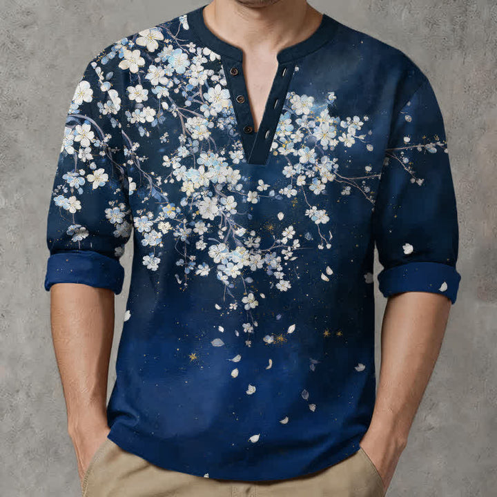 Buddha Stones Cotton Falling Petal Floral Pattern V-Neck Buttons Men's Long Sleeve Shirts - image 1