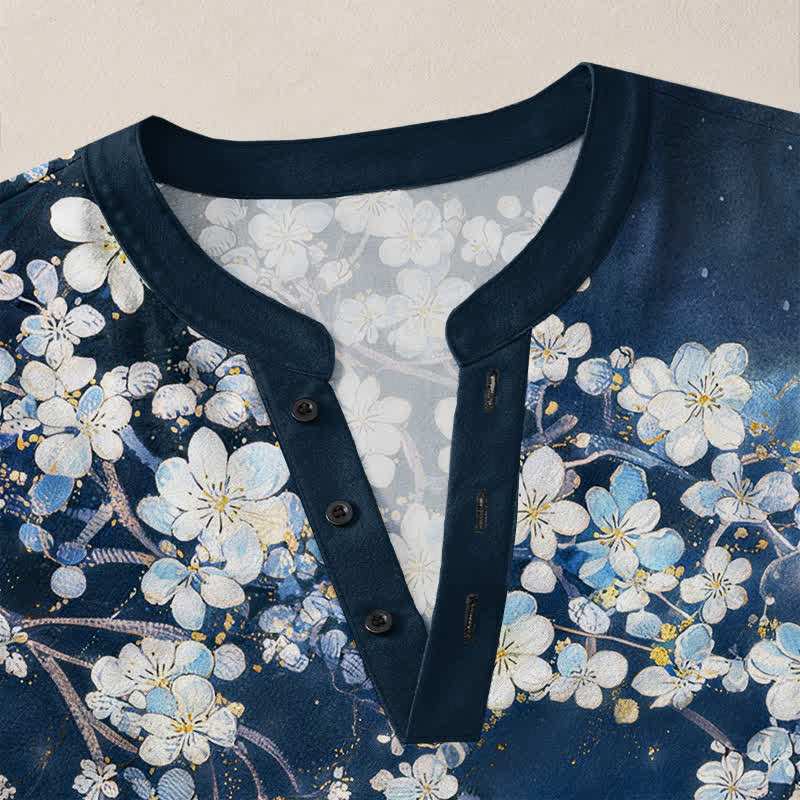 Buddha Stones Cotton Falling Petal Floral Pattern V-Neck Buttons Men's Long Sleeve Shirts - image 4