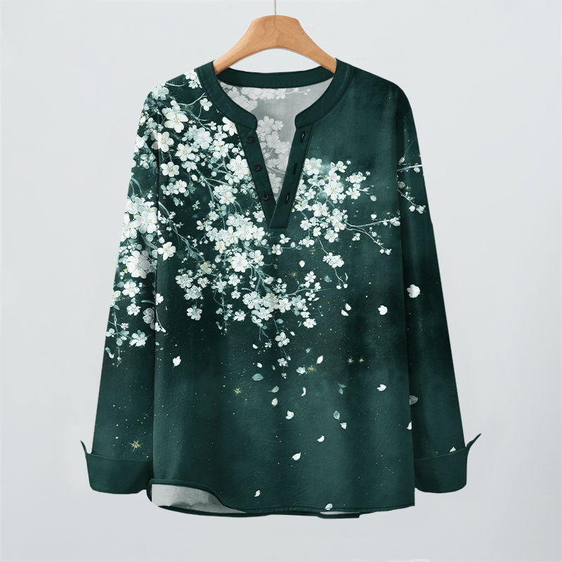 Buddha Stones Cotton Falling Petal Floral Pattern V-Neck Buttons Men's Long Sleeve Shirts - image 9
