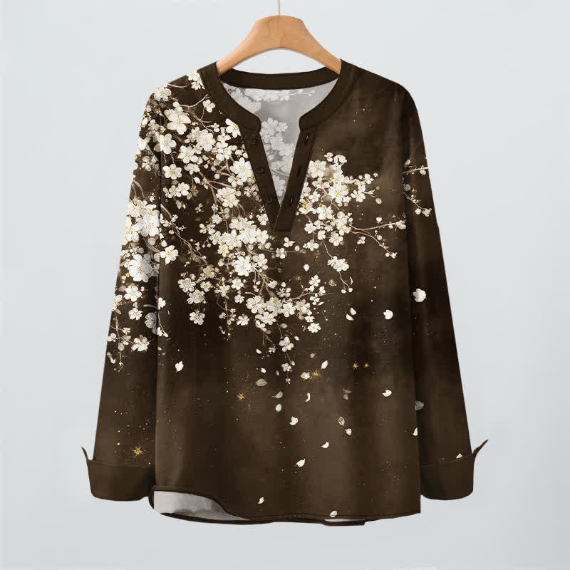 Buddha Stones Cotton Falling Petal Floral Pattern V-Neck Buttons Men's Long Sleeve Shirts - image 16
